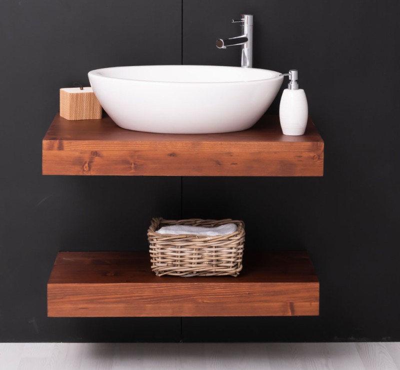 Washbasin support made of pine wood with a wall-mounted metal fixing ...