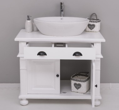 Bathroom cabinet with ornate foot for 1 vessel sink