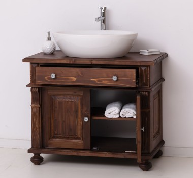 Bathroom cabinet with ornate foot for 1 vessel sink