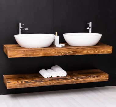 Washbasin support made of pine wood with a wall-mounted metal fixing set, sinks includ in price - Color_P064 - DEEP BRUSHED