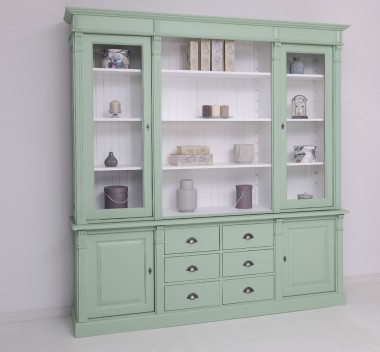 Bookcase with 2 doors, 6 BAS drawers + 2 glass doors, open space