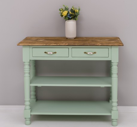 Wall console with turned legs, two shelves and two drawers