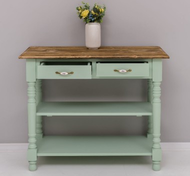 Wall console with turned legs, two shelves and two drawers