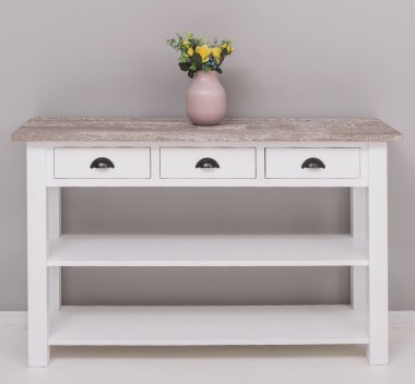 Console with 2 shelves, 3 drawers, oak top