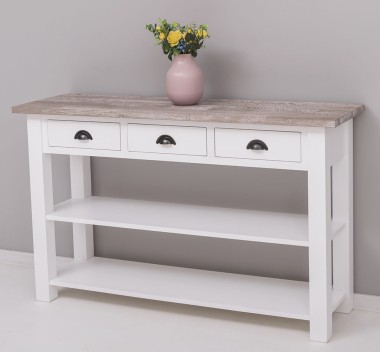 Console with 2 shelves, 3 drawers, oak top