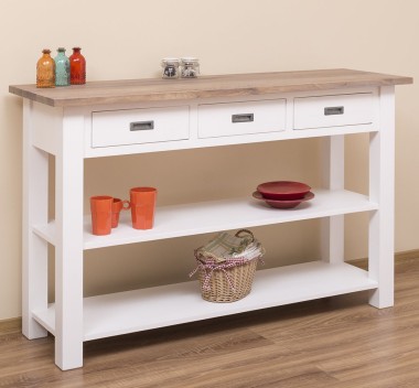 Console with 2 shelves, 3 drawers, oak top