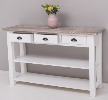 Console with 2 shelves, 3 drawers, oak top