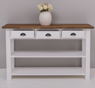 Console with 2 shelves, 3 drawers, oak top