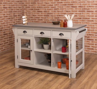 Kitchen island with 4 glass doors, 6 drawers, oak top