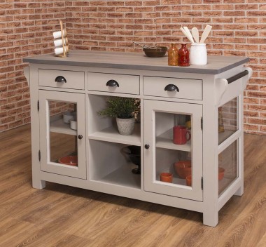 Kitchen island with 4 glass doors, 6 drawers, oak top