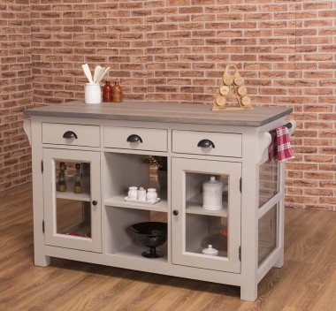 Kitchen island with 4 glass doors, 6 drawers, oak top