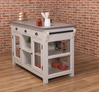 Kitchen island with 4 glass doors, 6 drawers, oak top