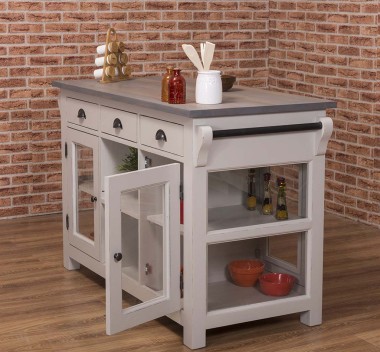 Kitchen island with 4 glass doors, 6 drawers, oak top