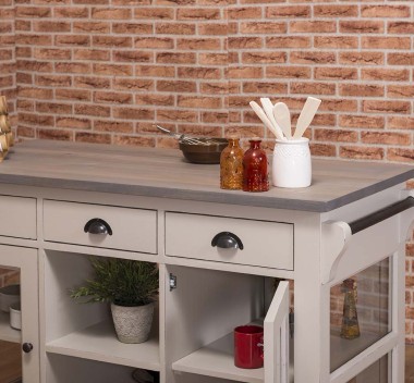 Kitchen island with 4 glass doors, 6 drawers, oak top