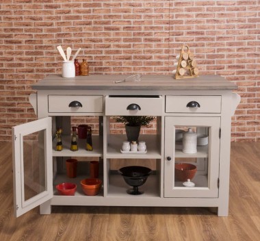 Kitchen island with 4 glass doors, 6 drawers, oak top