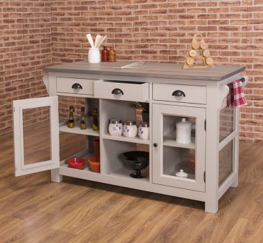 Kitchen island with 4 glass doors, 6 drawers, oak top