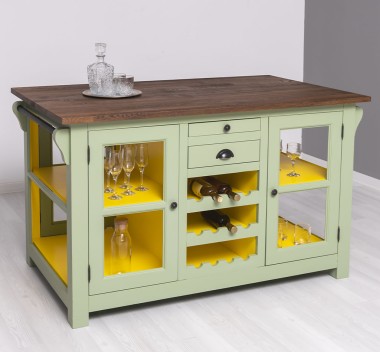 Glass door kitchen island with wine rack, top oak