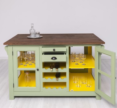 Glass door kitchen island with wine rack, top oak