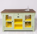 Glass door kitchen island with wine rack, top oak