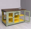 Glass door kitchen island with wine rack, top oak