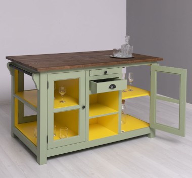 Glass door kitchen island with wine rack, top oak