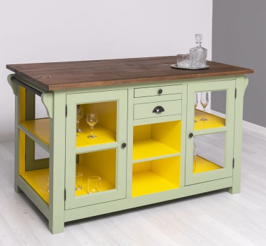 Glass door kitchen island with wine rack, top oak