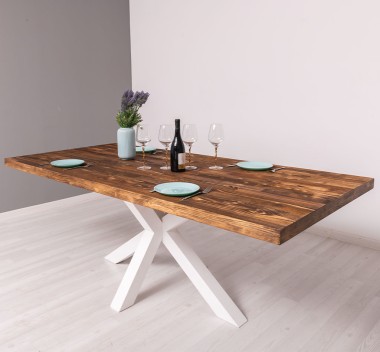 Dining table with central leg in X