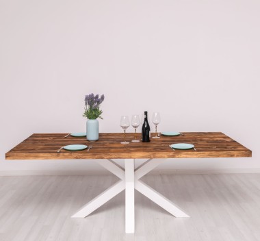 Dining table with central leg in X