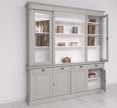 Bookcase with 4 doors, 4 BAS drawers + 2 glass doors, SUP open shelf, Directoire Collection