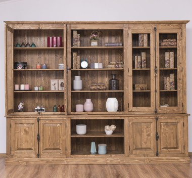 Large bookcase with 4 doors and Cremone, open middle BAS + 4 glass doors, and open middle SUP