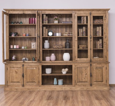 Large bookcase with 4 doors and Cremone, open middle BAS + 4 glass doors, and open middle SUP