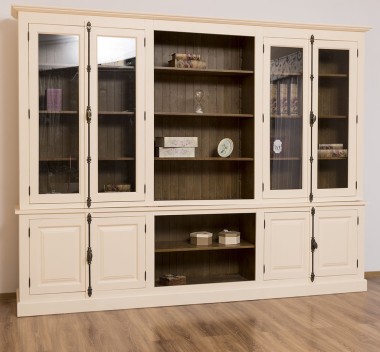 Large bookcase with 4 doors and Cremone, open middle BAS + 4 glass doors, and open middle SUP