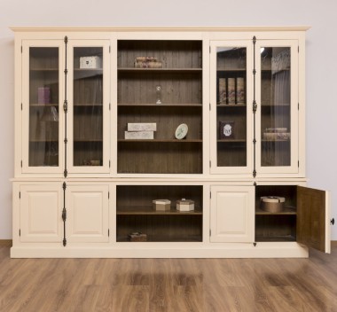 Large bookcase with 4 doors and Cremone, open middle BAS + 4 glass doors, and open middle SUP