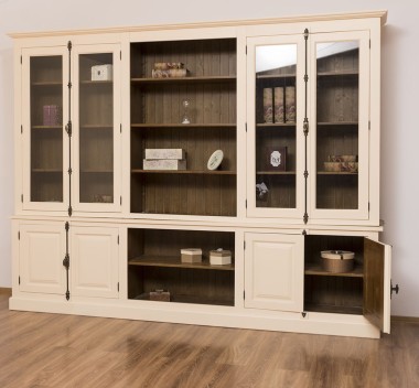 Large bookcase with 4 doors and Cremone, open middle BAS + 4 glass doors, and open middle SUP