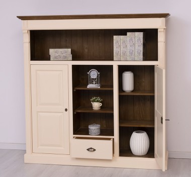 Bookcase with 2 doors, 1 drawer, open shelves