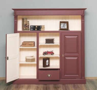 Bookcase with 2 doors, 1 drawer, open shelves