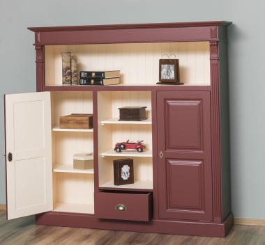 Bookcase with 2 doors, 1 drawer, open shelves