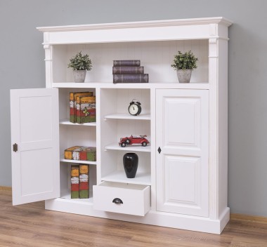 Bookcase with 2 doors, 1 drawer, open shelves