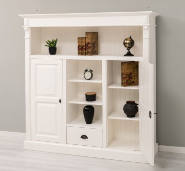 Bookcase with 2 doors, 1 drawer, open shelves