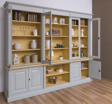 Bookcase with 4 doors, 1 BAS shelf + 4 glass doors, 3 open SUP shelves, Diectoire Collection