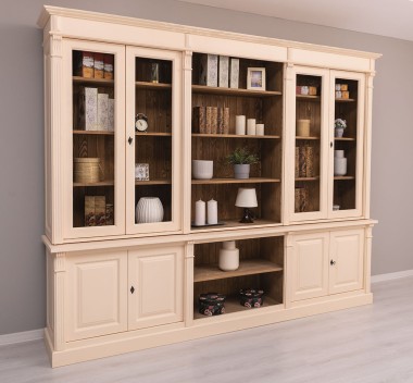 Bookcase with 4 doors, 1 BAS shelf + 4 glass doors, 3 open SUP shelves, Diectoire Collection