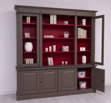 Large bookcase with 4 BAS doors + 2 glass doors, SUP open shelf, Directoire Collection