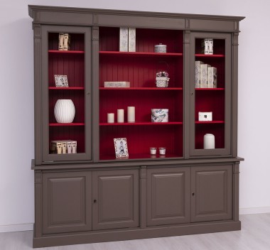 Large bookcase with 4 BAS doors + 2 glass doors, SUP open shelf, Directoire Collection