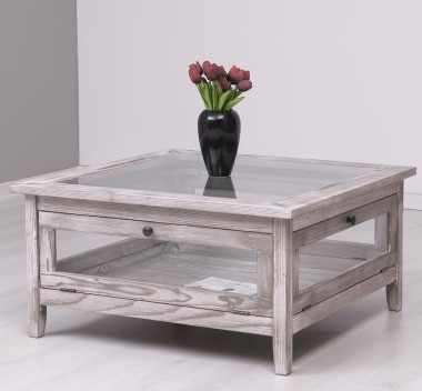 Square coffee table with glass and glass doors 90x90cm