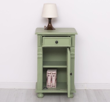 Nightstand with ornaments, 1 door and 1 drawer