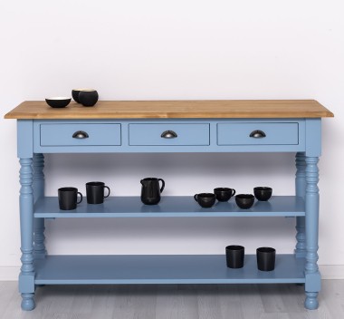 Wall console with turned legs, two shelves and three drawers