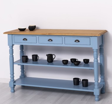 Wall console with turned legs, two shelves and three drawers