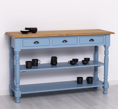 Wall console with turned legs, two shelves and three drawers