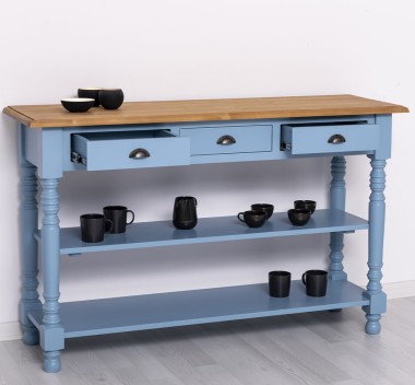 Wall console with turned legs, two shelves and three drawers