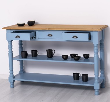 Wall console with turned legs, two shelves and three drawers